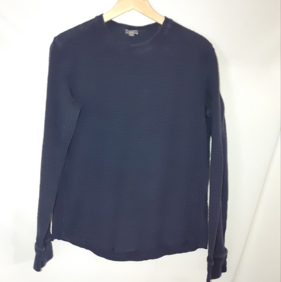 Vince Long Sleeve Crew Neck Shirt Waffle Textured Thermal Knit Navy Blue Medium - Picture 2 of 7